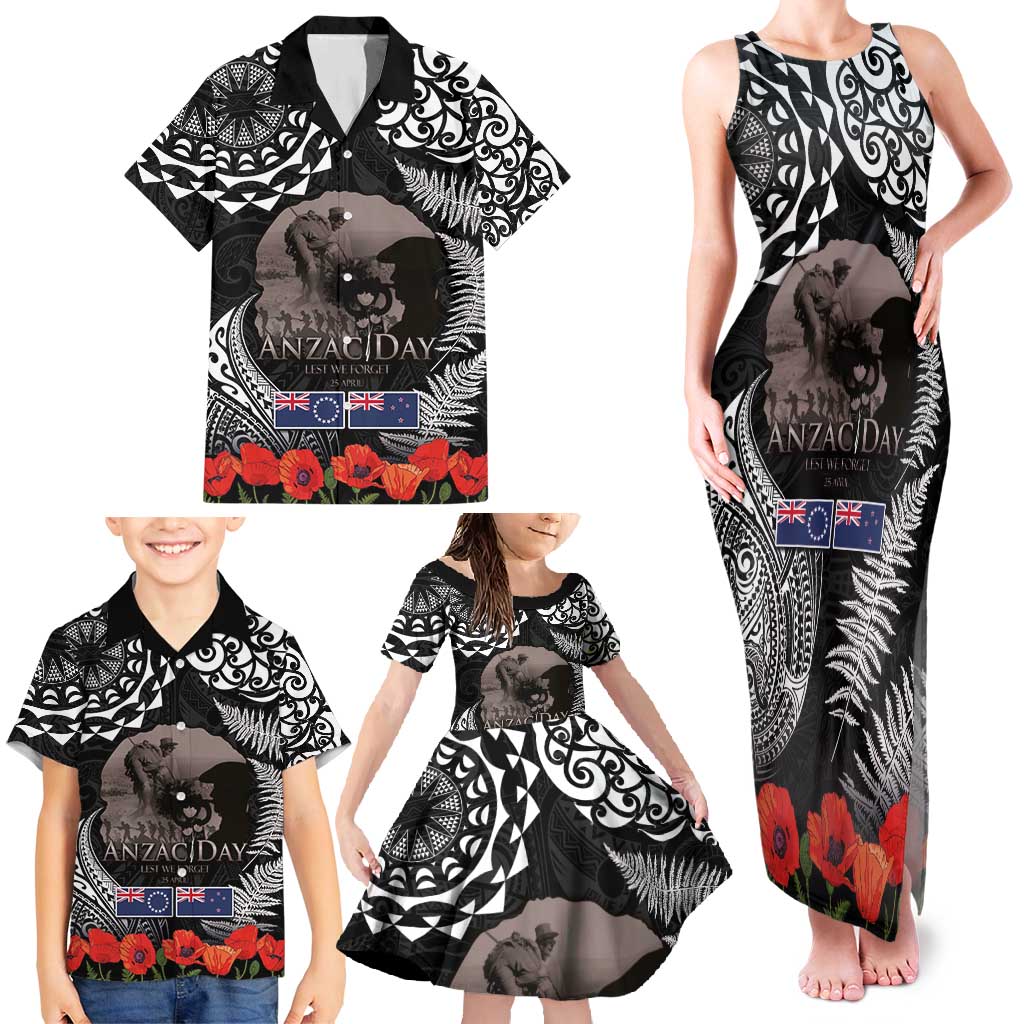 New Zealand and Cook Islands ANZAC Day Family Matching Tank Maxi Dress and Hawaiian Shirt Gallipoli Lest We Forget Tatau Art Tribal and Maori Tattoo with Fern LT03 - Polynesian Pride