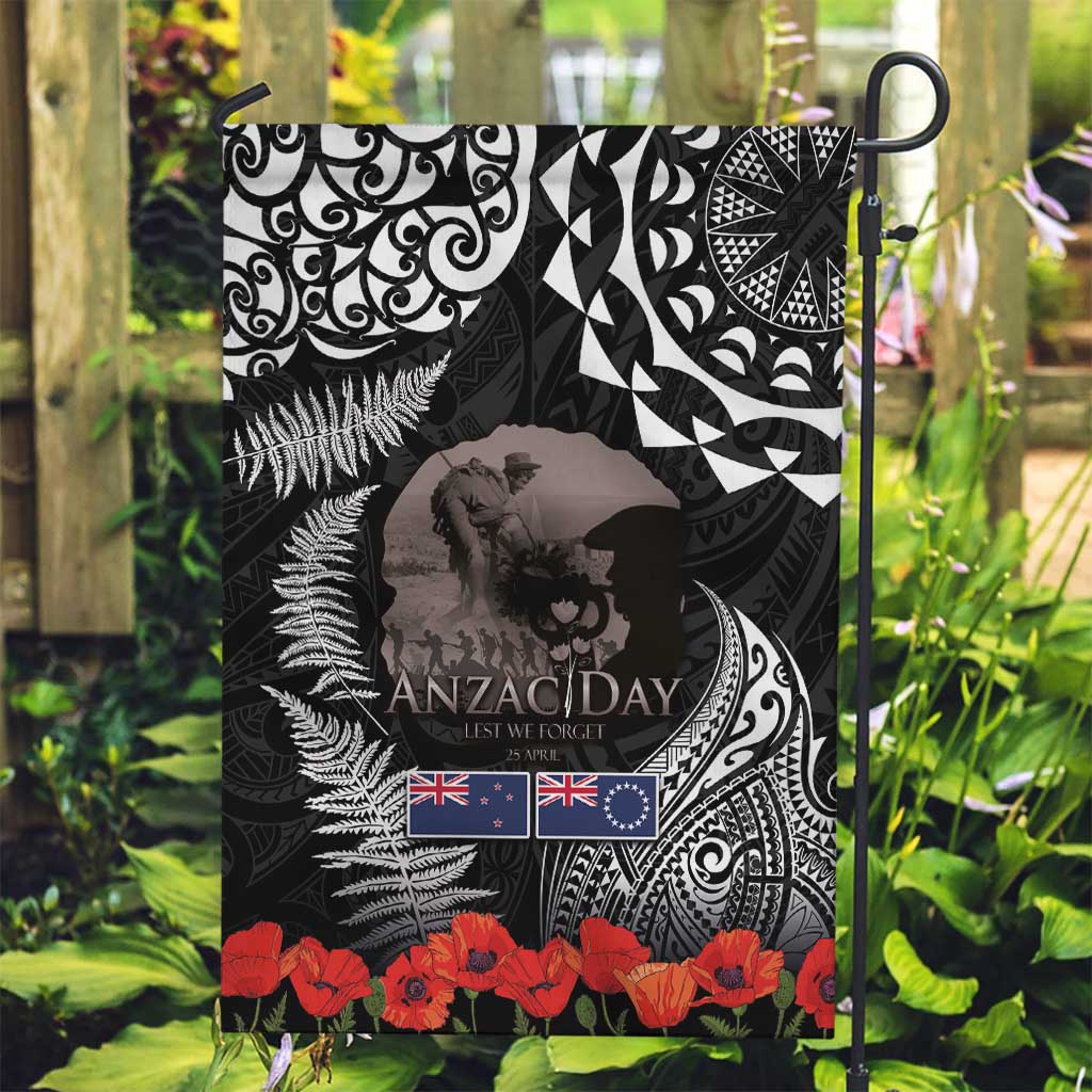 New Zealand and Cook Islands ANZAC Day Garden Flag Gallipoli Lest We Forget Tatau Art Tribal and Maori Tattoo with Fern LT03 Garden Flag Black - Polynesian Pride