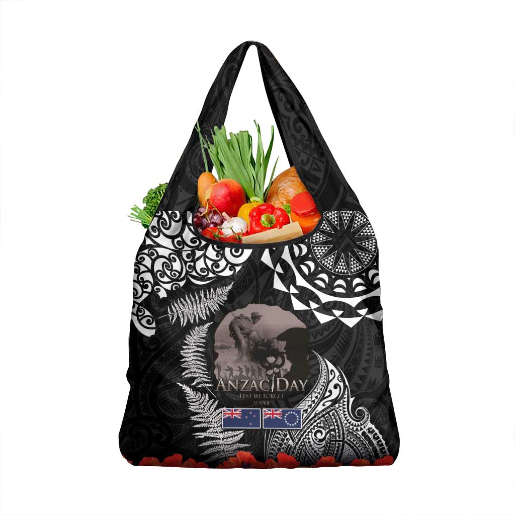 New Zealand and Cook Islands ANZAC Day Grocery Bag Gallipoli Lest We Forget Tatau Art Tribal and Maori Tattoo with Fern LT03 1-pack One Size Black - Polynesian Pride