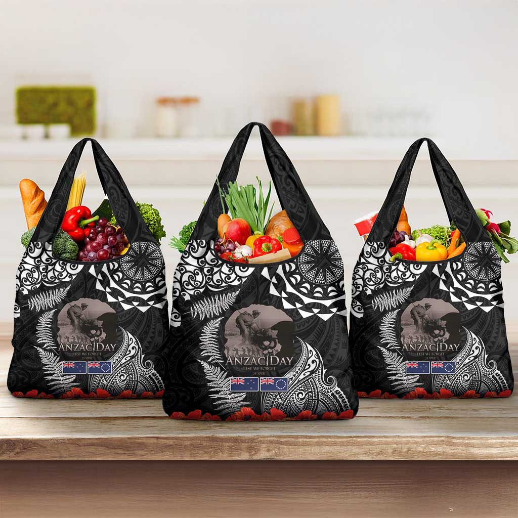 New Zealand and Cook Islands ANZAC Day Grocery Bag Gallipoli Lest We Forget Tatau Art Tribal and Maori Tattoo with Fern LT03 3-pack One Size Black - Polynesian Pride