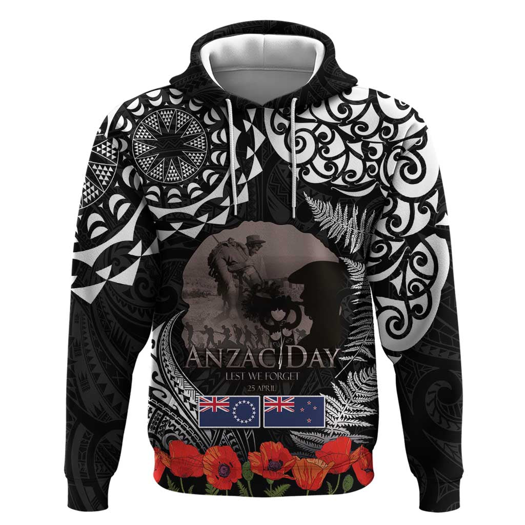 New Zealand and Cook Islands ANZAC Day Hoodie Gallipoli Lest We Forget Tatau Art Tribal and Maori Tattoo with Fern LT03 Pullover Hoodie Black - Polynesian Pride