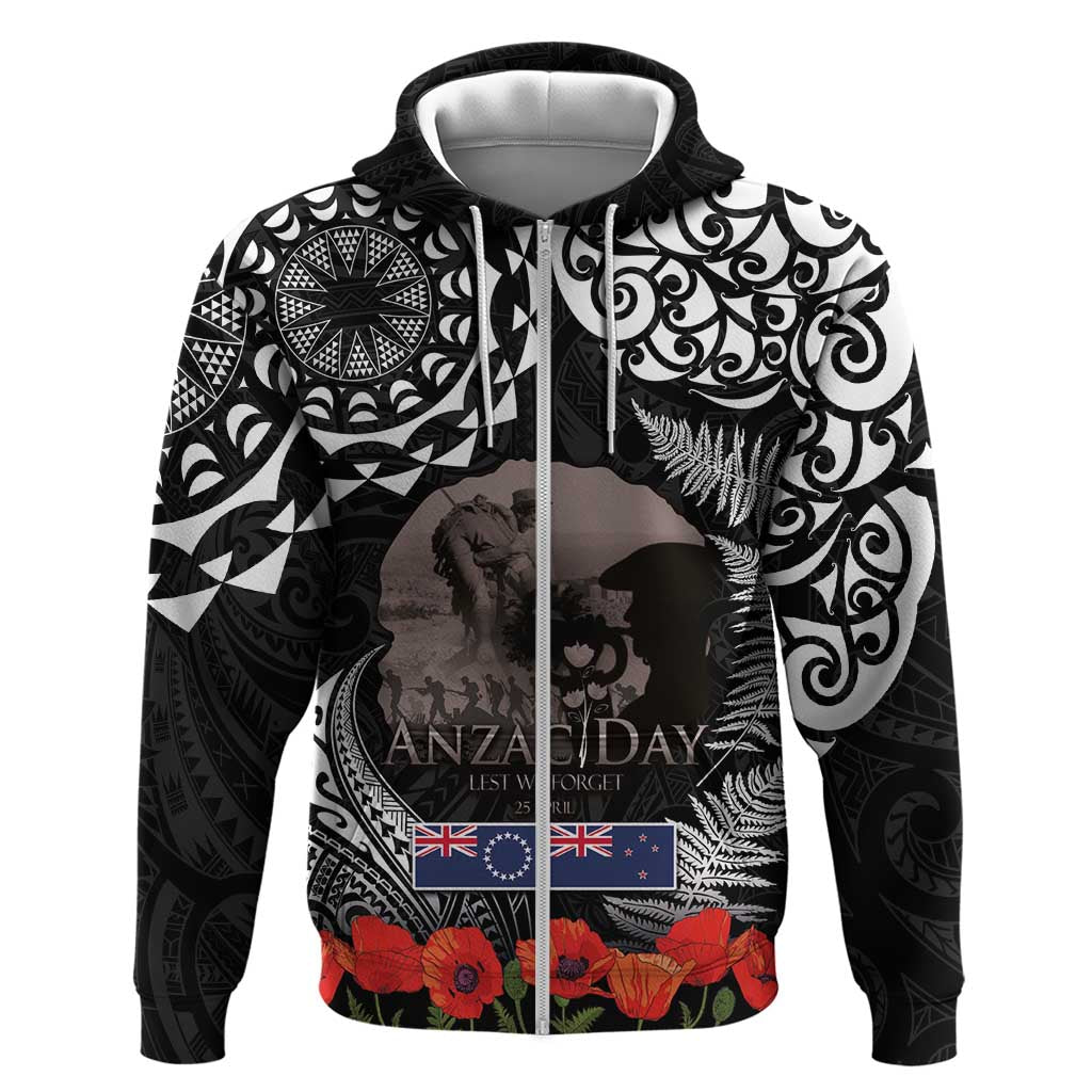 New Zealand and Cook Islands ANZAC Day Hoodie Gallipoli Lest We Forget Tatau Art Tribal and Maori Tattoo with Fern LT03 Zip Hoodie Black - Polynesian Pride