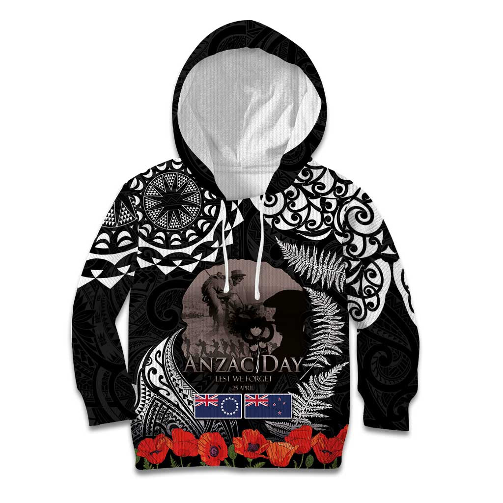 New Zealand and Cook Islands ANZAC Day Kid Hoodie Gallipoli Lest We Forget Tatau Art Tribal and Maori Tattoo with Fern LT03 Hoodie Black - Polynesian Pride