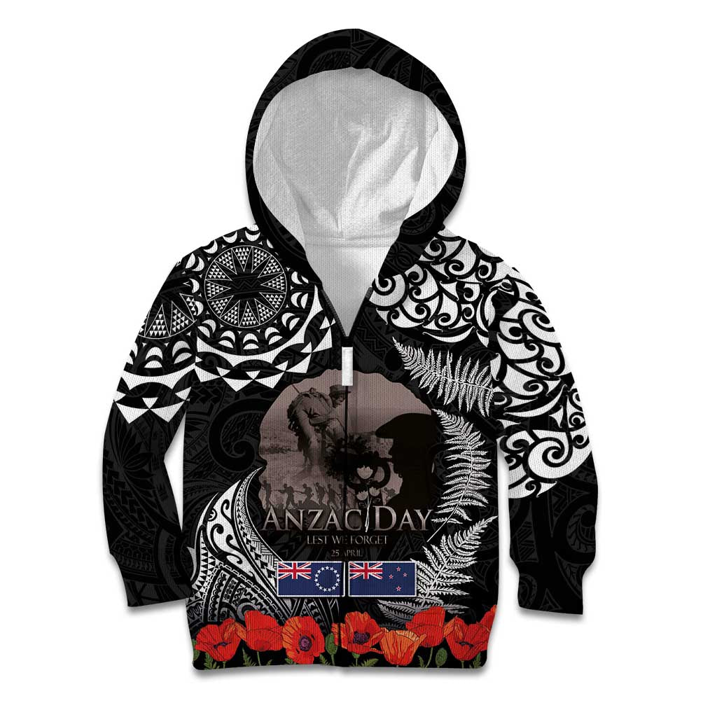 New Zealand and Cook Islands ANZAC Day Kid Hoodie Gallipoli Lest We Forget Tatau Art Tribal and Maori Tattoo with Fern LT03 Zip Hoodie Black - Polynesian Pride