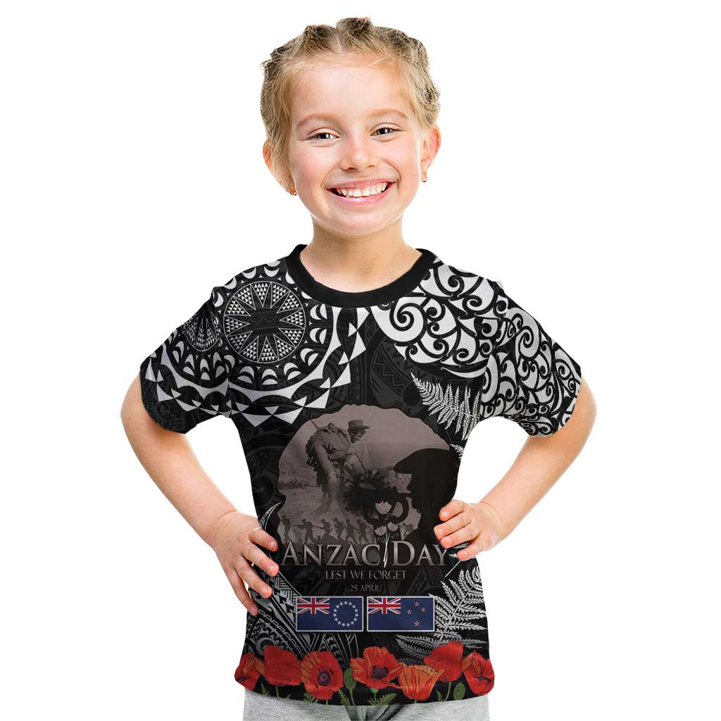 New Zealand and Cook Islands ANZAC Day Kid T Shirt Gallipoli Lest We Forget Tatau Art Tribal and Maori Tattoo with Fern LT03 Black - Polynesian Pride