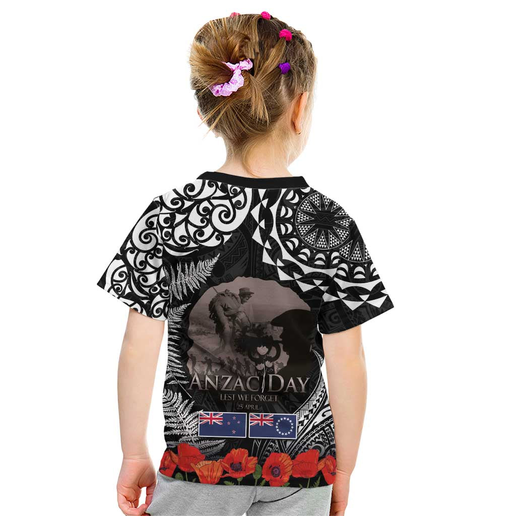 New Zealand and Cook Islands ANZAC Day Kid T Shirt Gallipoli Lest We Forget Tatau Art Tribal and Maori Tattoo with Fern LT03 - Polynesian Pride