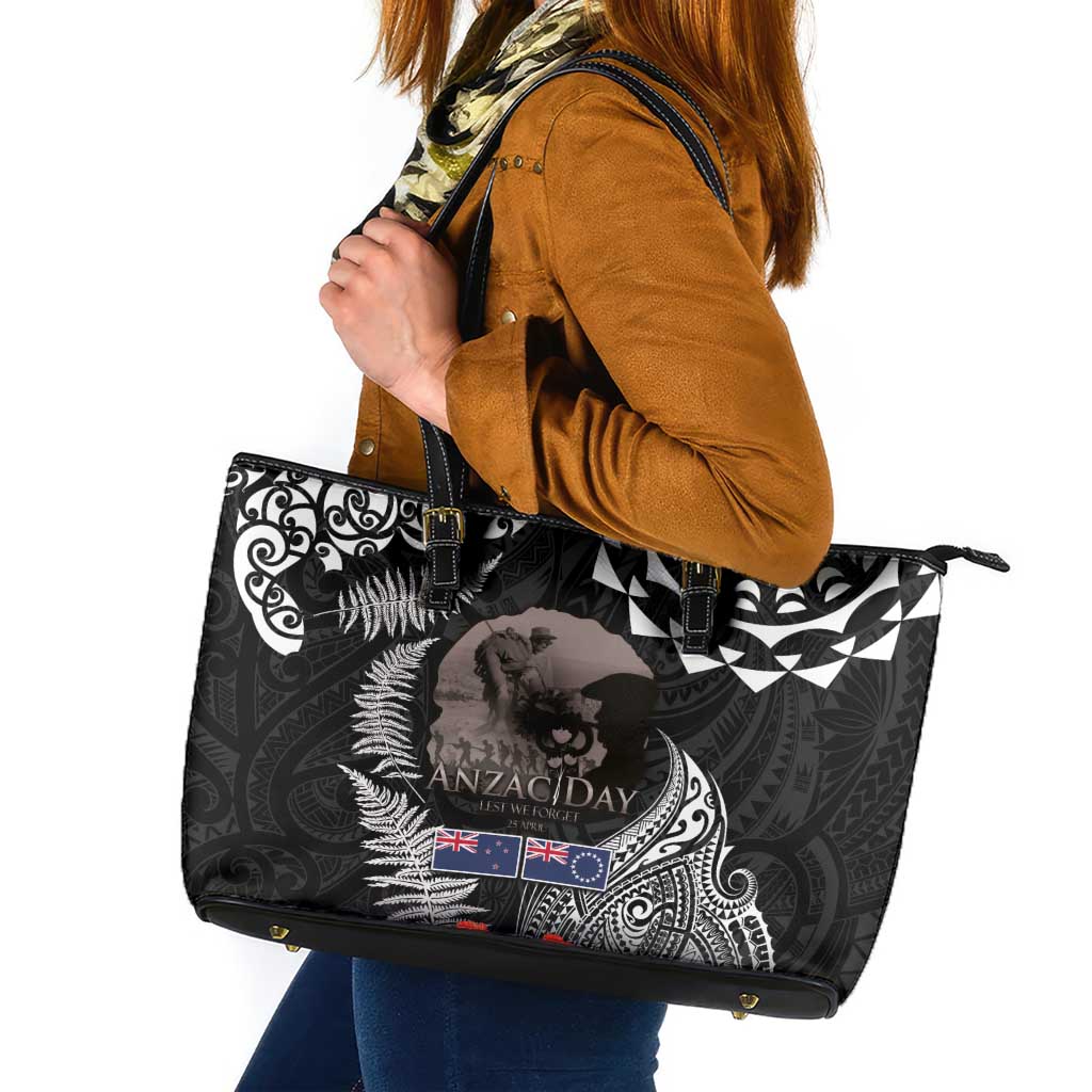 New Zealand and Cook Islands ANZAC Day Leather Tote Bag Gallipoli Lest We Forget Tatau Art Tribal and Maori Tattoo with Fern LT03 Black - Polynesian Pride