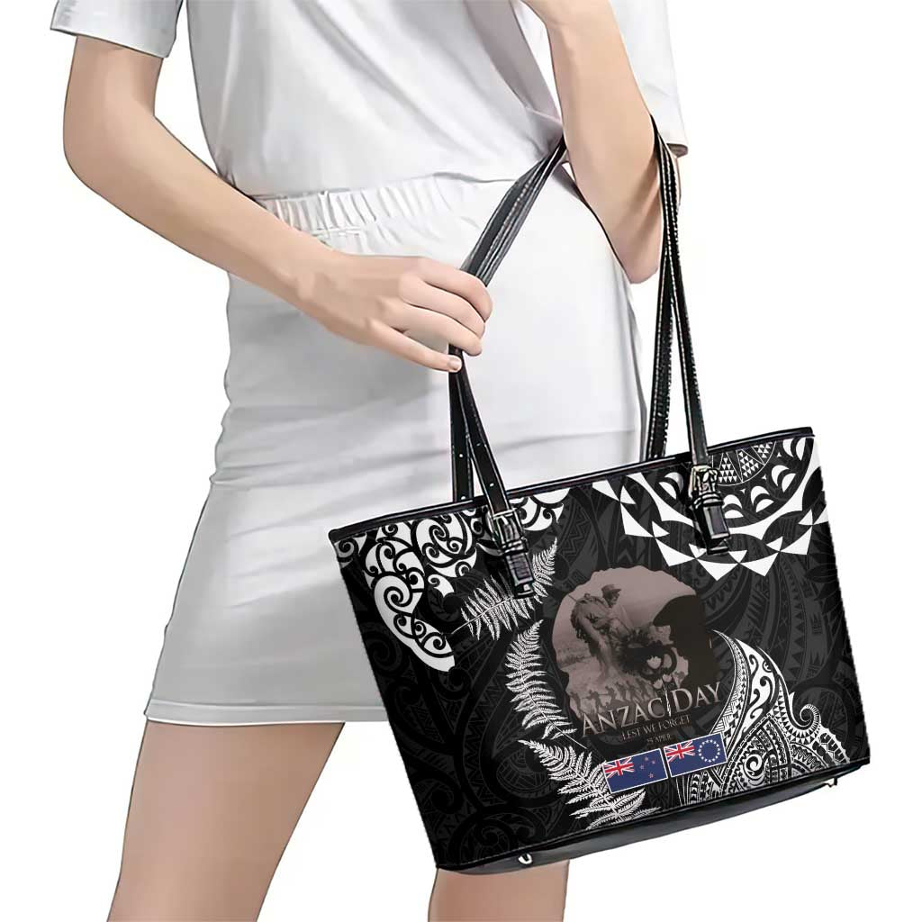 New Zealand and Cook Islands ANZAC Day Leather Tote Bag Gallipoli Lest We Forget Tatau Art Tribal and Maori Tattoo with Fern LT03 - Polynesian Pride