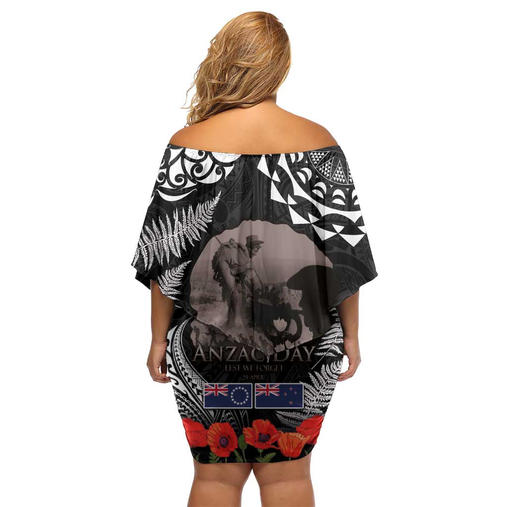 New Zealand and Cook Islands ANZAC Day Off Shoulder Short Dress Gallipoli Lest We Forget Tatau Art Tribal and Maori Tattoo with Fern LT03 - Polynesian Pride