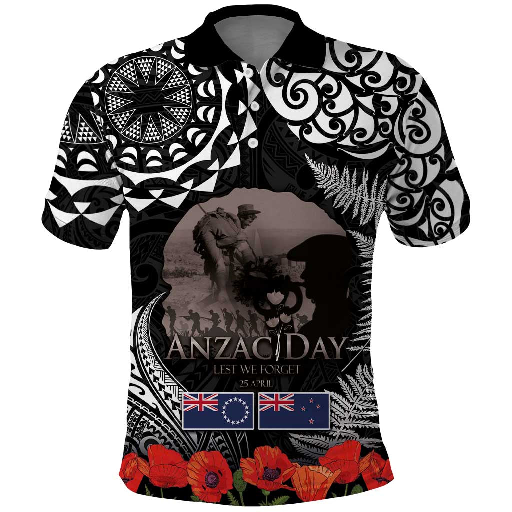 New Zealand and Cook Islands ANZAC Day Polo Shirt Gallipoli Lest We Forget Tatau Art Tribal and Maori Tattoo with Fern LT03 Black - Polynesian Pride