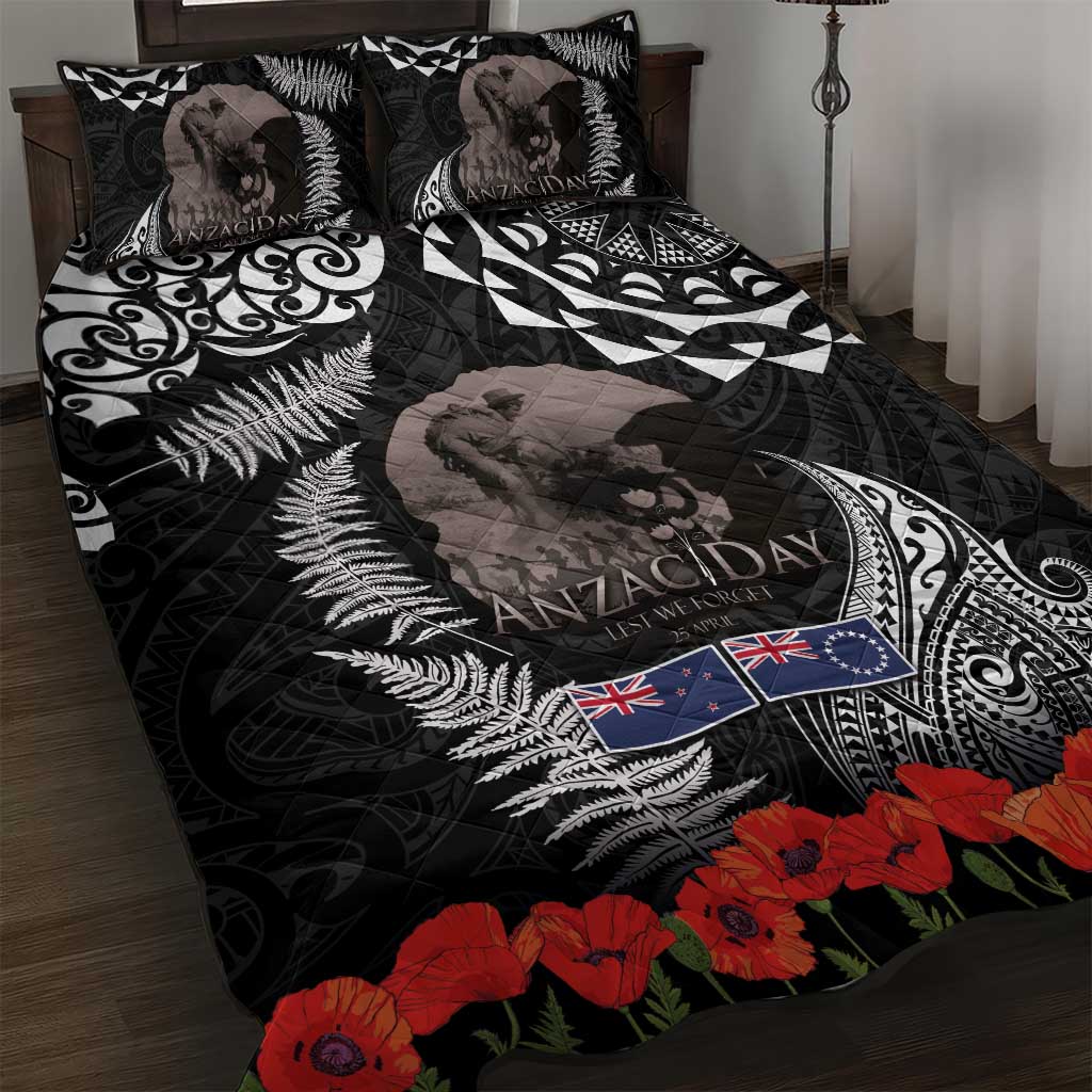 New Zealand and Cook Islands ANZAC Day Quilt Bed Set Gallipoli Lest We Forget Tatau Art Tribal and Maori Tattoo with Fern LT03 Black - Polynesian Pride