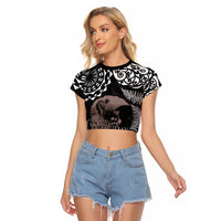 New Zealand and Cook Islands ANZAC Day Raglan Cropped T Shirt Gallipoli Lest We Forget Tatau Art Tribal and Maori Tattoo with Fern LT03 Female Black - Polynesian Pride