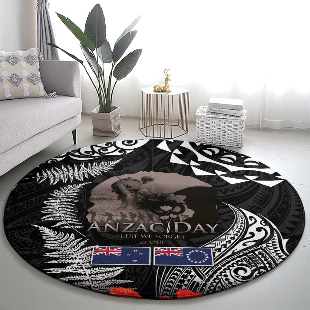 New Zealand and Cook Islands ANZAC Day Round Carpet Gallipoli Lest We Forget Tatau Art Tribal and Maori Tattoo with Fern LT03 - Polynesian Pride