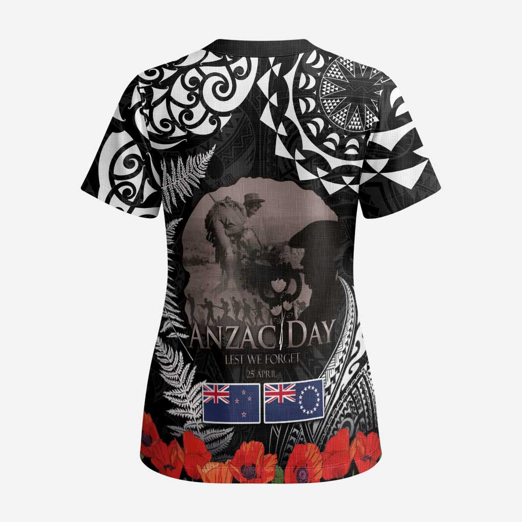 New Zealand and Cook Islands ANZAC Day Scrub Top Gallipoli Lest We Forget Tatau Art Tribal and Maori Tattoo with Fern - Polynesian Pride
