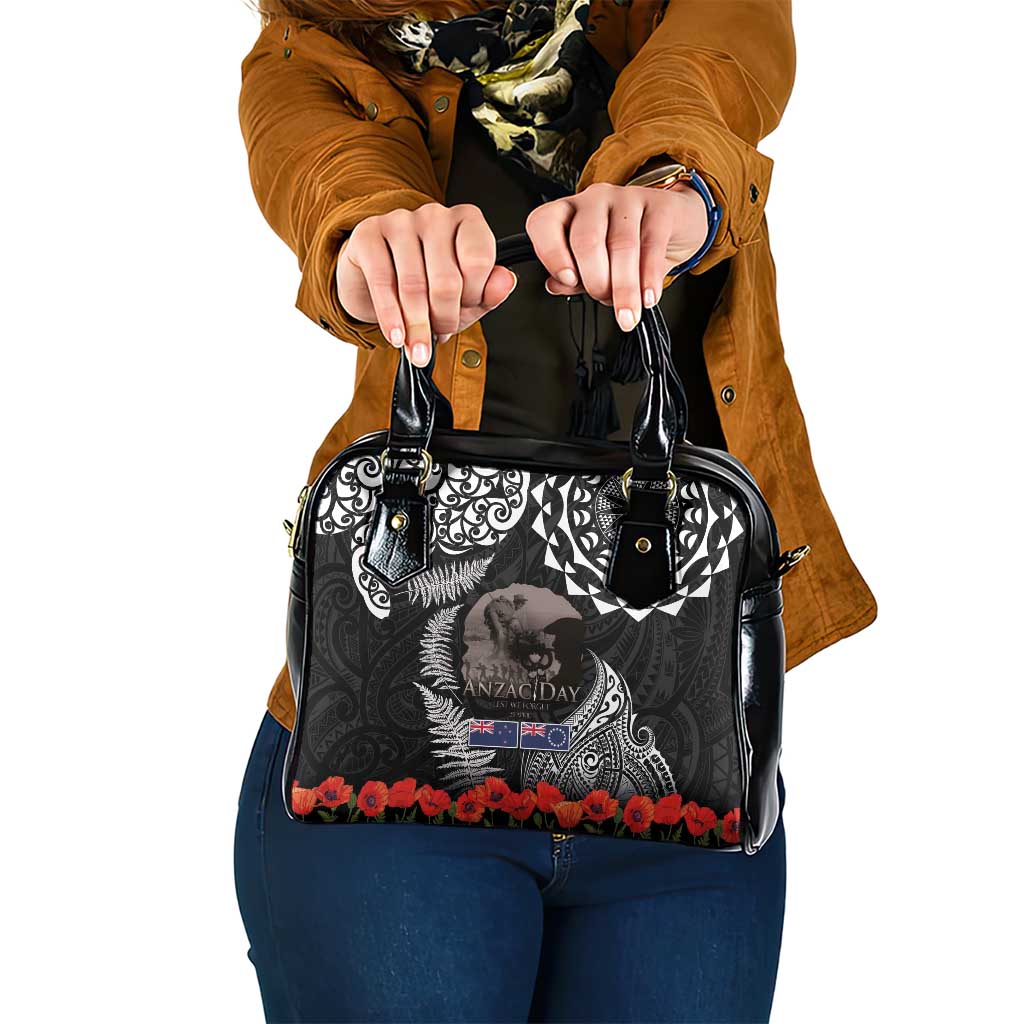 New Zealand and Cook Islands ANZAC Day Shoulder Handbag Gallipoli Lest We Forget Tatau Art Tribal and Maori Tattoo with Fern LT03 One Size Black - Polynesian Pride
