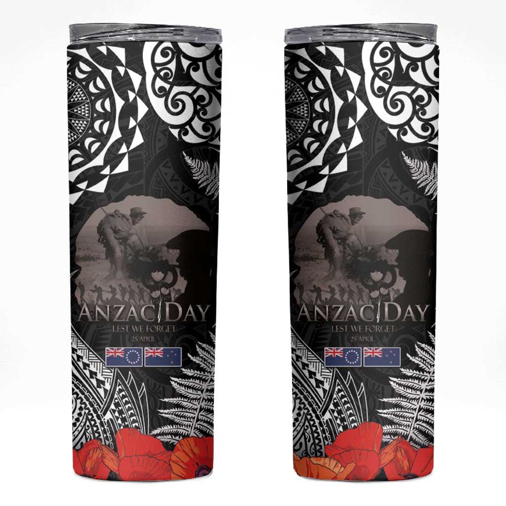New Zealand and Cook Islands ANZAC Day Skinny Tumbler Gallipoli Lest We Forget Tatau Art Tribal and Maori Tattoo with Fern LT03 Black - Polynesian Pride