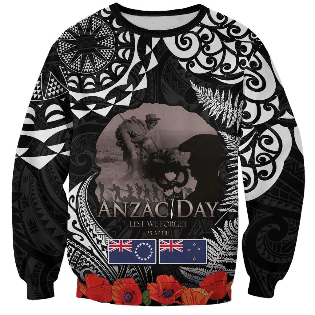 New Zealand and Cook Islands ANZAC Day Sweatshirt Gallipoli Lest We Forget Tatau Art Tribal and Maori Tattoo with Fern LT03 Unisex Black - Polynesian Pride