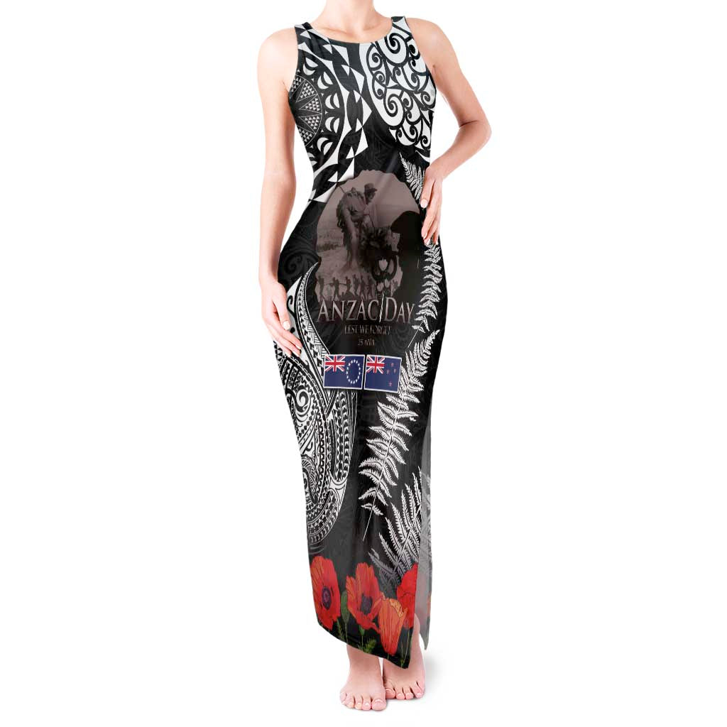 New Zealand and Cook Islands ANZAC Day Tank Maxi Dress Gallipoli Lest We Forget Tatau Art Tribal and Maori Tattoo with Fern LT03 Women Black - Polynesian Pride