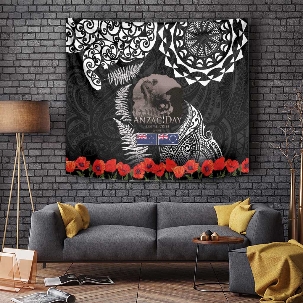 New Zealand and Cook Islands ANZAC Day Tapestry Gallipoli Lest We Forget Tatau Art Tribal and Maori Tattoo with Fern LT03 Black - Polynesian Pride