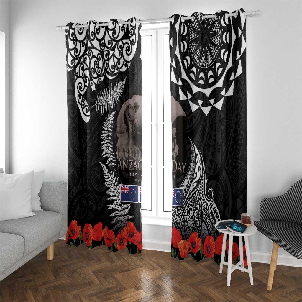 New Zealand and Cook Islands ANZAC Day Window Curtain Gallipoli Lest We Forget Tatau Art Tribal and Maori Tattoo with Fern LT03 With Grommets Black - Polynesian Pride