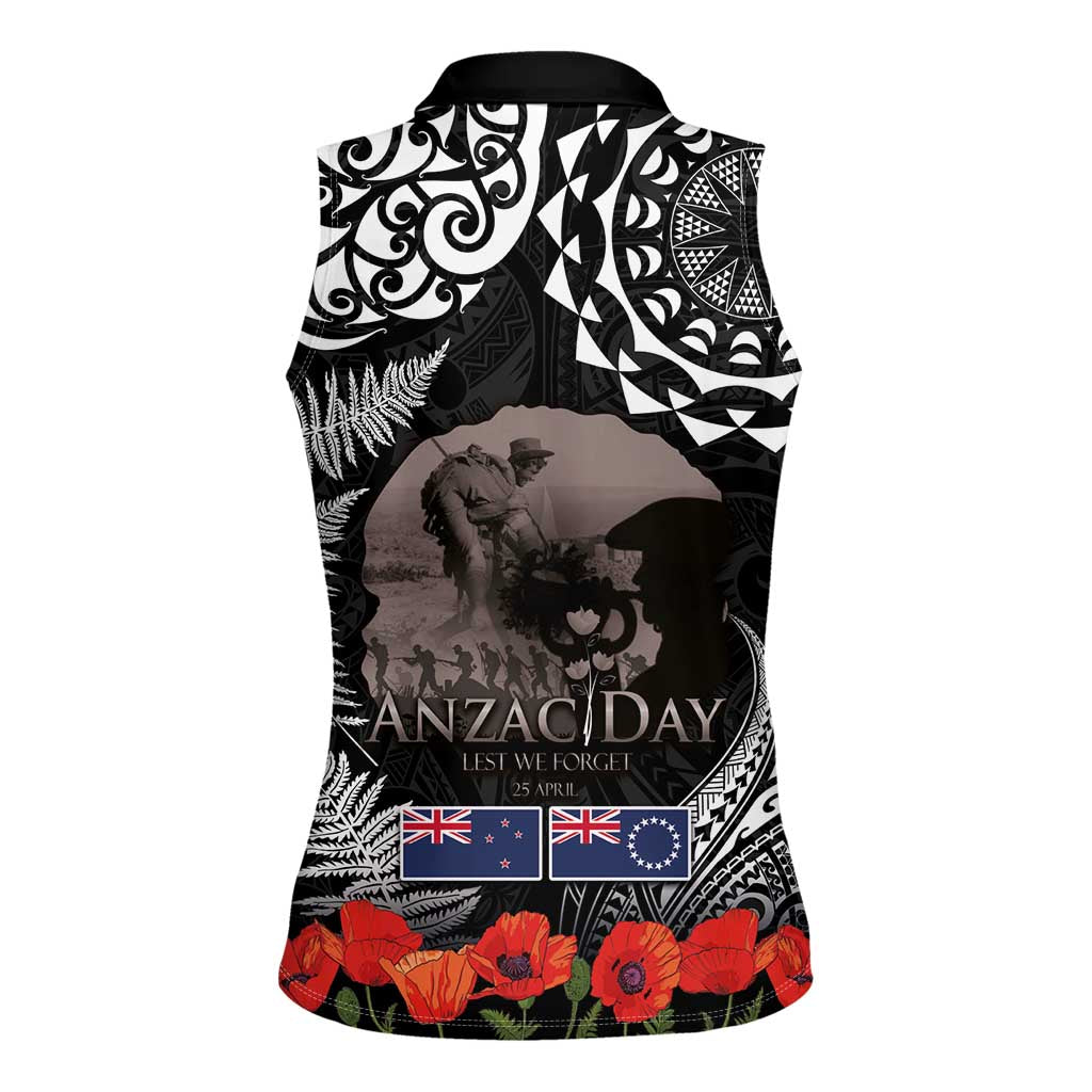 New Zealand and Cook Islands ANZAC Day Women Sleeveless Polo Shirt Gallipoli Lest We Forget Tatau Art Tribal and Maori Tattoo with Fern