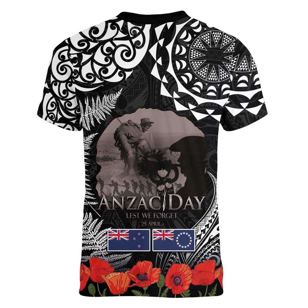 New Zealand and Cook Islands ANZAC Day Women V-Neck T-Shirt Gallipoli Lest We Forget Tatau Art Tribal and Maori Tattoo with Fern LT03 - Polynesian Pride