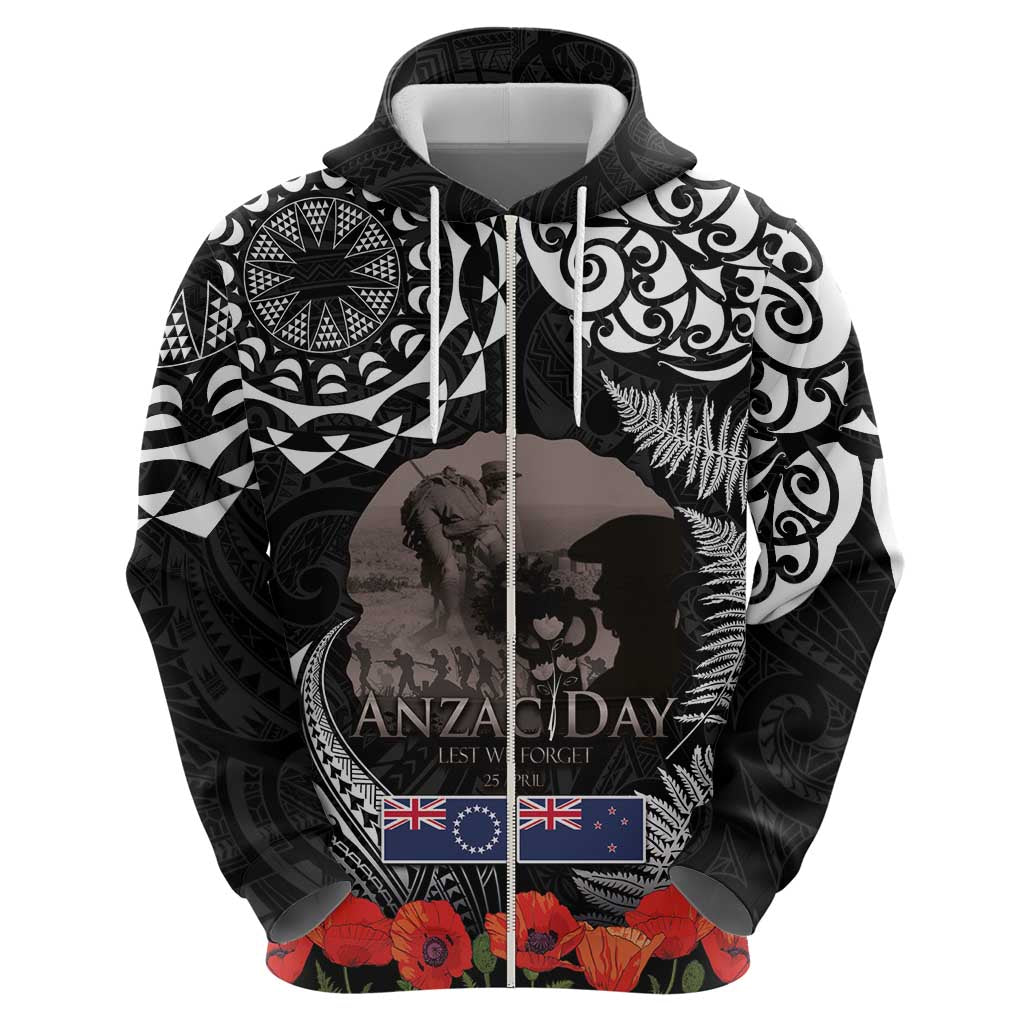 New Zealand and Cook Islands ANZAC Day Zip Hoodie Gallipoli Lest We Forget Tatau Art Tribal and Maori Tattoo with Fern LT03 - Polynesian Pride