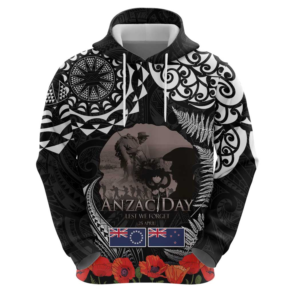 New Zealand and Cook Islands ANZAC Day Zip Hoodie Gallipoli Lest We Forget Tatau Art Tribal and Maori Tattoo with Fern LT03 - Polynesian Pride