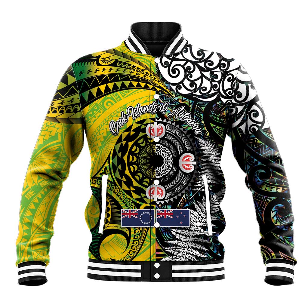 New Zealand and Cook Islands Together Baseball Jacket Tatau Art Tribal Pattern-Maori Tattoo with Fern and Paua Shell LT03 Unisex Art - Polynesian Pride