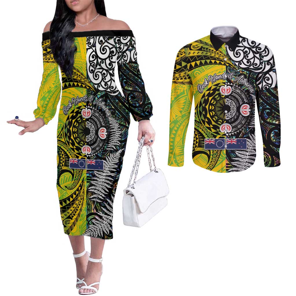New Zealand and Cook Islands Together Couples Matching Off The Shoulder Long Sleeve Dress and Long Sleeve Button Shirt Tatau Art Tribal Pattern-Maori Tattoo with Fern and Paua Shell LT03 Art - Polynesian Pride