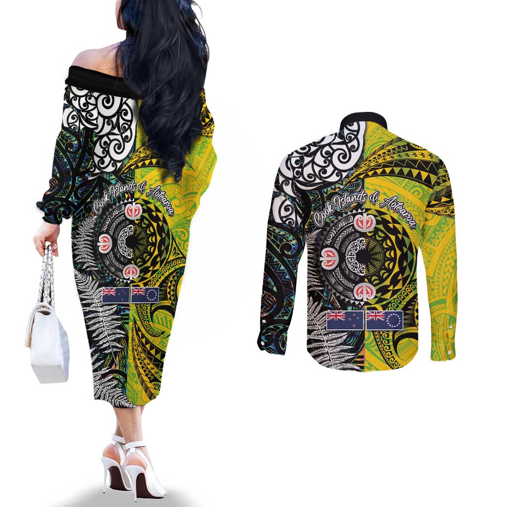 New Zealand and Cook Islands Together Couples Matching Off The Shoulder Long Sleeve Dress and Long Sleeve Button Shirt Tatau Art Tribal Pattern-Maori Tattoo with Fern and Paua Shell LT03 - Polynesian Pride
