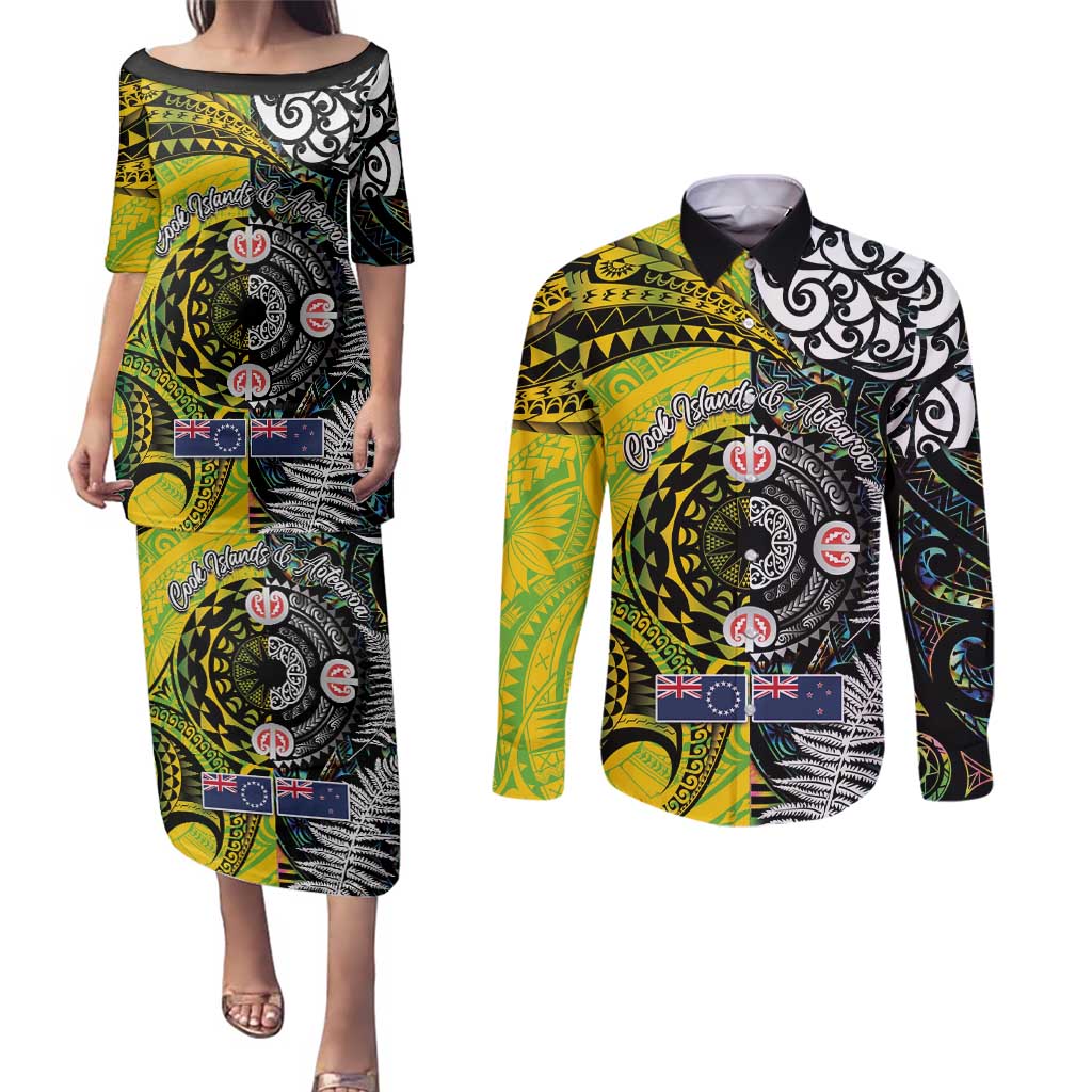 New Zealand and Cook Islands Together Couples Matching Puletasi and Long Sleeve Button Shirt Tatau Art Tribal Pattern-Maori Tattoo with Fern and Paua Shell