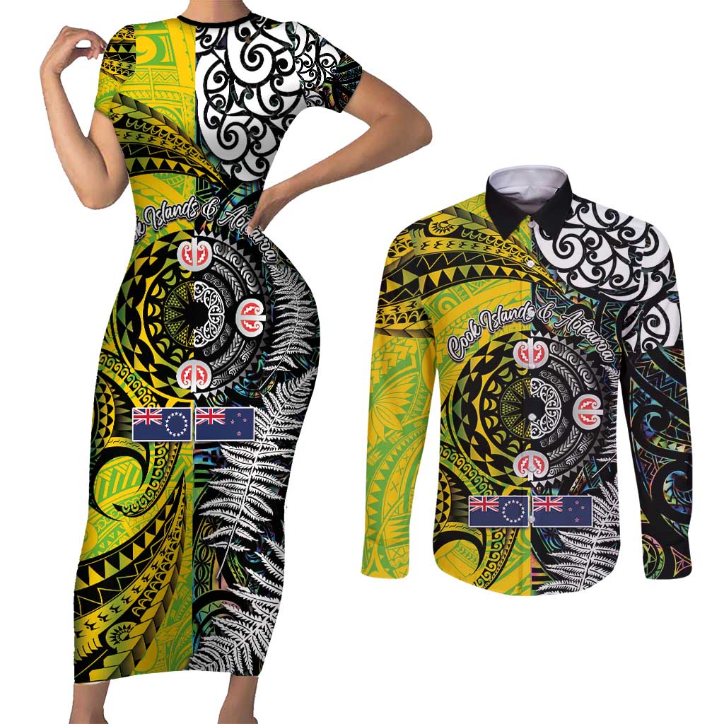 New Zealand and Cook Islands Together Couples Matching Short Sleeve Bodycon Dress and Long Sleeve Button Shirt Tatau Art Tribal Pattern-Maori Tattoo with Fern and Paua Shell LT03 Art - Polynesian Pride