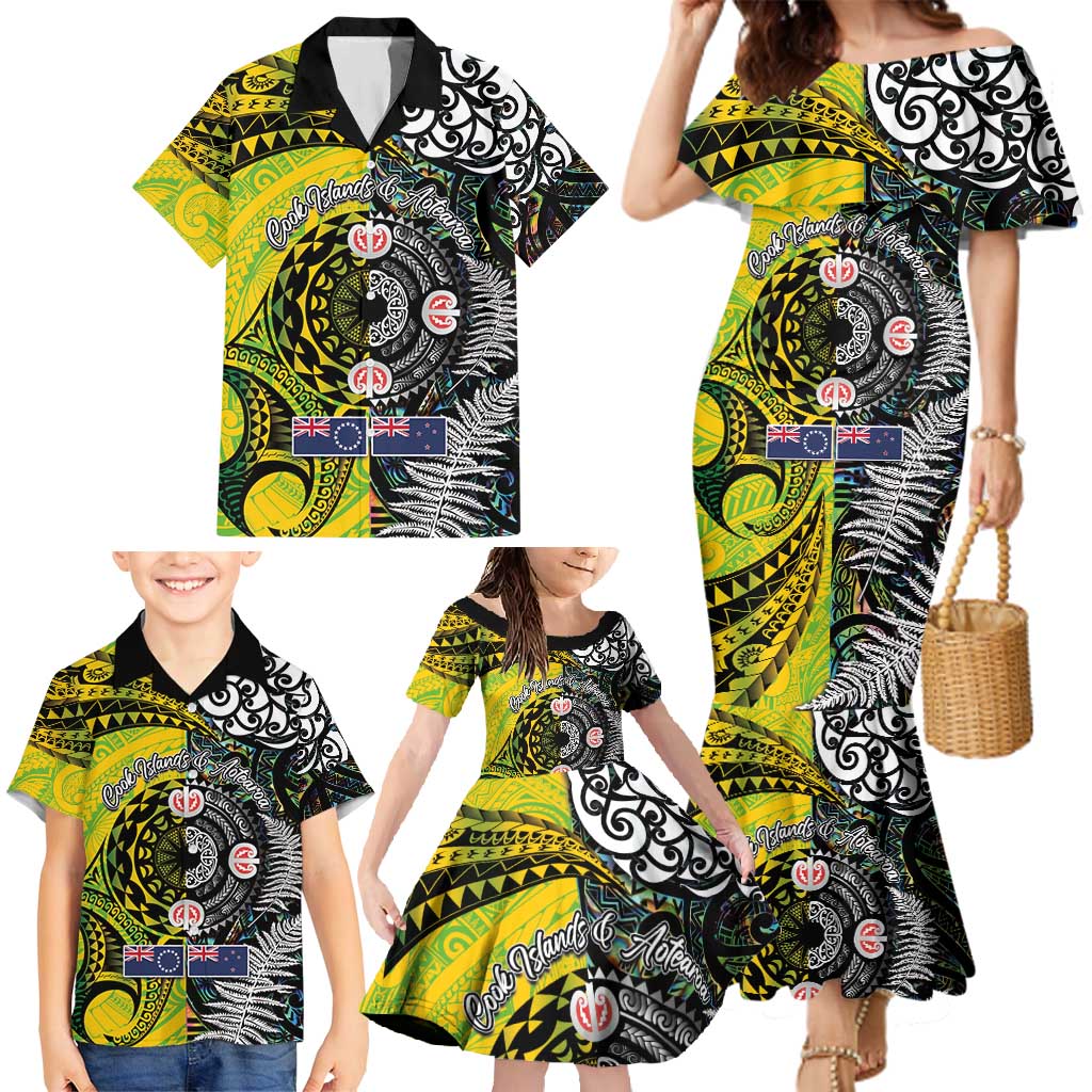 New Zealand and Cook Islands Together Family Matching Mermaid Dress and Hawaiian Shirt Tatau Art Tribal Pattern-Maori Tattoo with Fern and Paua Shell LT03 - Polynesian Pride