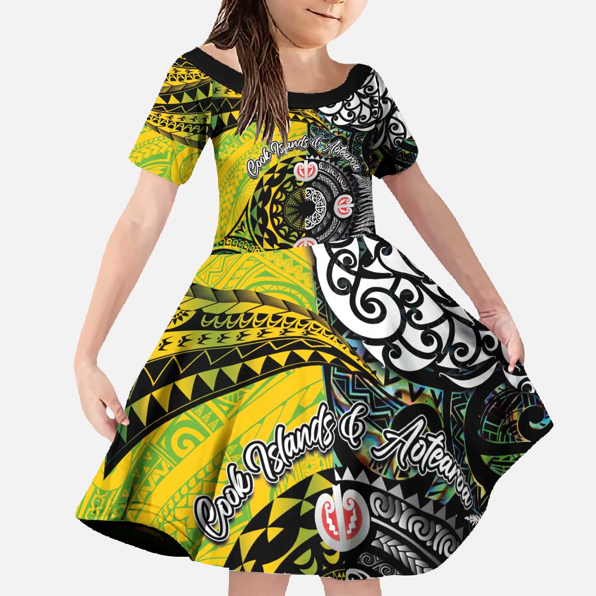 New Zealand and Cook Islands Together Family Matching Off The Shoulder Long Sleeve Dress and Hawaiian Shirt Tatau Art Tribal Pattern-Maori Tattoo with Fern and Paua Shell LT03 Daughter's Dress Art - Polynesian Pride