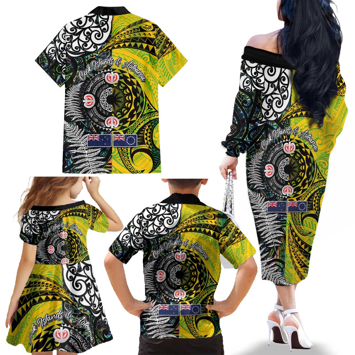 New Zealand and Cook Islands Together Family Matching Off The Shoulder Long Sleeve Dress and Hawaiian Shirt Tatau Art Tribal Pattern-Maori Tattoo with Fern and Paua Shell LT03 - Polynesian Pride