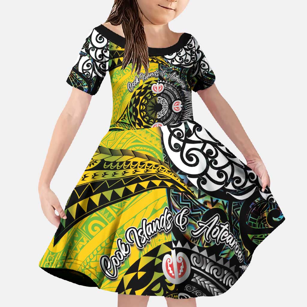 New Zealand and Cook Islands Together Family Matching Off Shoulder Maxi Dress and Hawaiian Shirt Tatau Art Tribal Pattern-Maori Tattoo with Fern and Paua Shell LT03 Daughter's Dress Art - Polynesian Pride