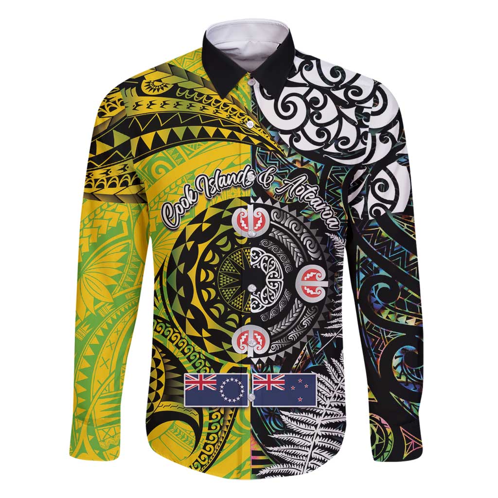 New Zealand and Cook Islands Together Family Matching Off Shoulder Maxi Dress and Hawaiian Shirt Tatau Art Tribal Pattern-Maori Tattoo with Fern and Paua Shell LT03 Dad's Shirt - Long Sleeve Art - Polynesian Pride