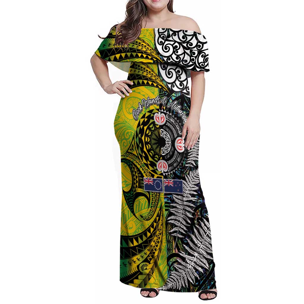 New Zealand and Cook Islands Together Family Matching Off Shoulder Maxi Dress and Hawaiian Shirt Tatau Art Tribal Pattern-Maori Tattoo with Fern and Paua Shell LT03 Mom's Dress Art - Polynesian Pride