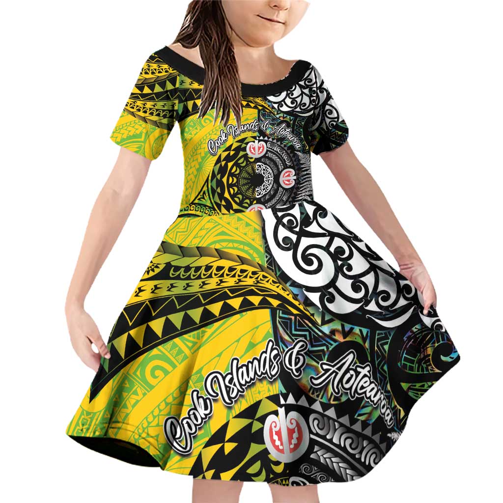 New Zealand and Cook Islands Together Family Matching Off Shoulder Short Dress and Hawaiian Shirt Tatau Art Tribal Pattern-Maori Tattoo with Fern and Paua Shell LT03 Daughter's Dress Art - Polynesian Pride
