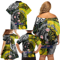 New Zealand and Cook Islands Together Family Matching Off Shoulder Short Dress and Hawaiian Shirt Tatau Art Tribal Pattern-Maori Tattoo with Fern and Paua Shell LT03 - Polynesian Pride
