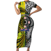 New Zealand and Cook Islands Together Family Matching Short Sleeve Bodycon Dress and Hawaiian Shirt Tatau Art Tribal Pattern-Maori Tattoo with Fern and Paua Shell LT03 Mom's Dress Art - Polynesian Pride