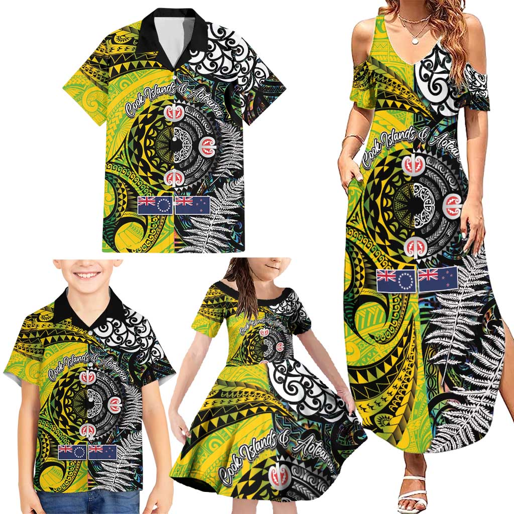 New Zealand and Cook Islands Together Family Matching Summer Maxi Dress and Hawaiian Shirt Tatau Art Tribal Pattern-Maori Tattoo with Fern and Paua Shell LT03 - Polynesian Pride
