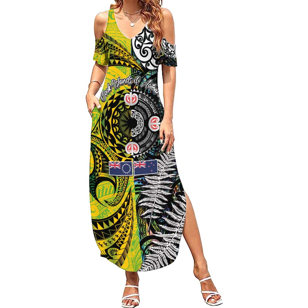 New Zealand and Cook Islands Together Family Matching Summer Maxi Dress and Hawaiian Shirt Tatau Art Tribal Pattern-Maori Tattoo with Fern and Paua Shell LT03 Mom's Dress Art - Polynesian Pride