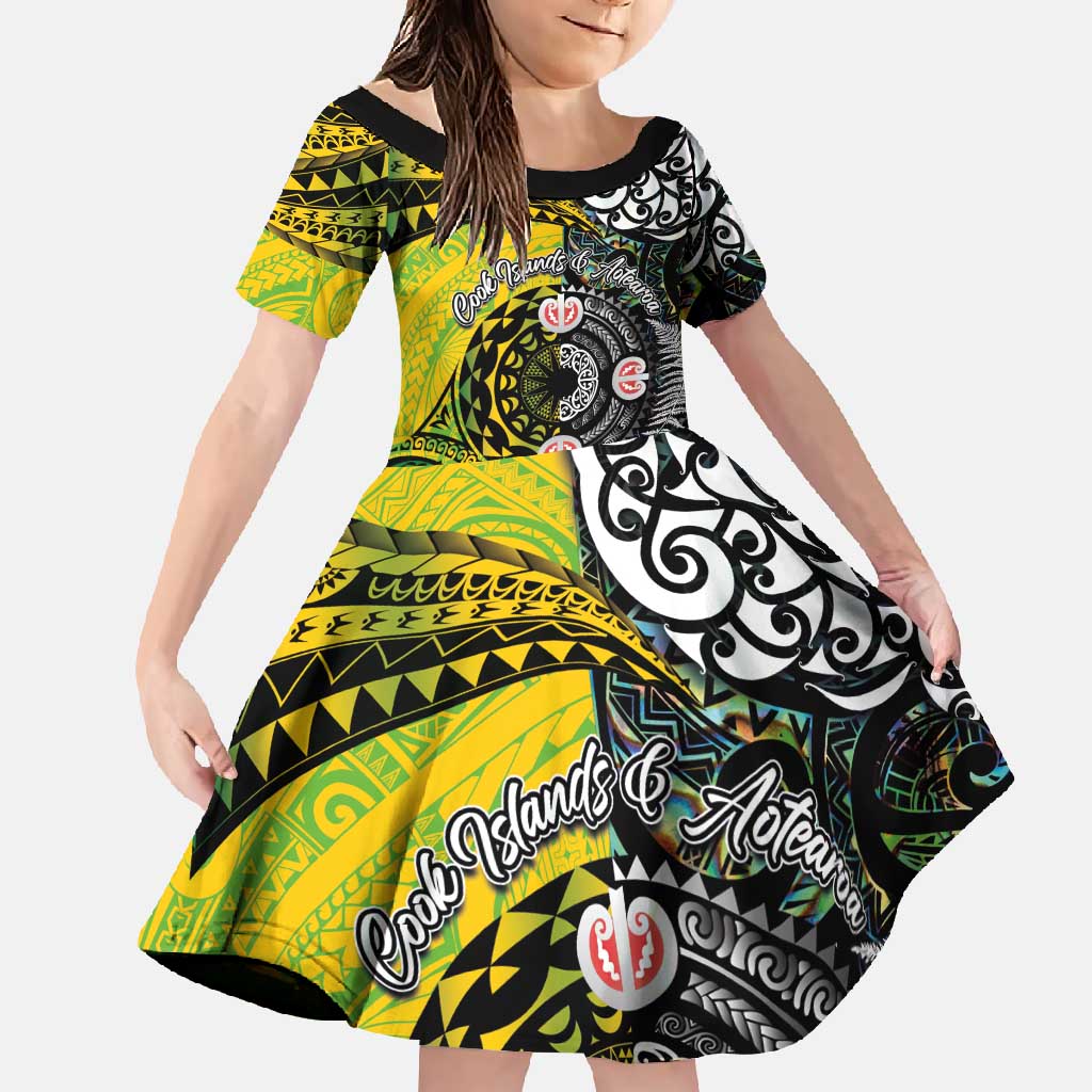 New Zealand and Cook Islands Together Family Matching Tank Maxi Dress and Hawaiian Shirt Tatau Art Tribal Pattern-Maori Tattoo with Fern and Paua Shell LT03 Daughter's Dress Art - Polynesian Pride