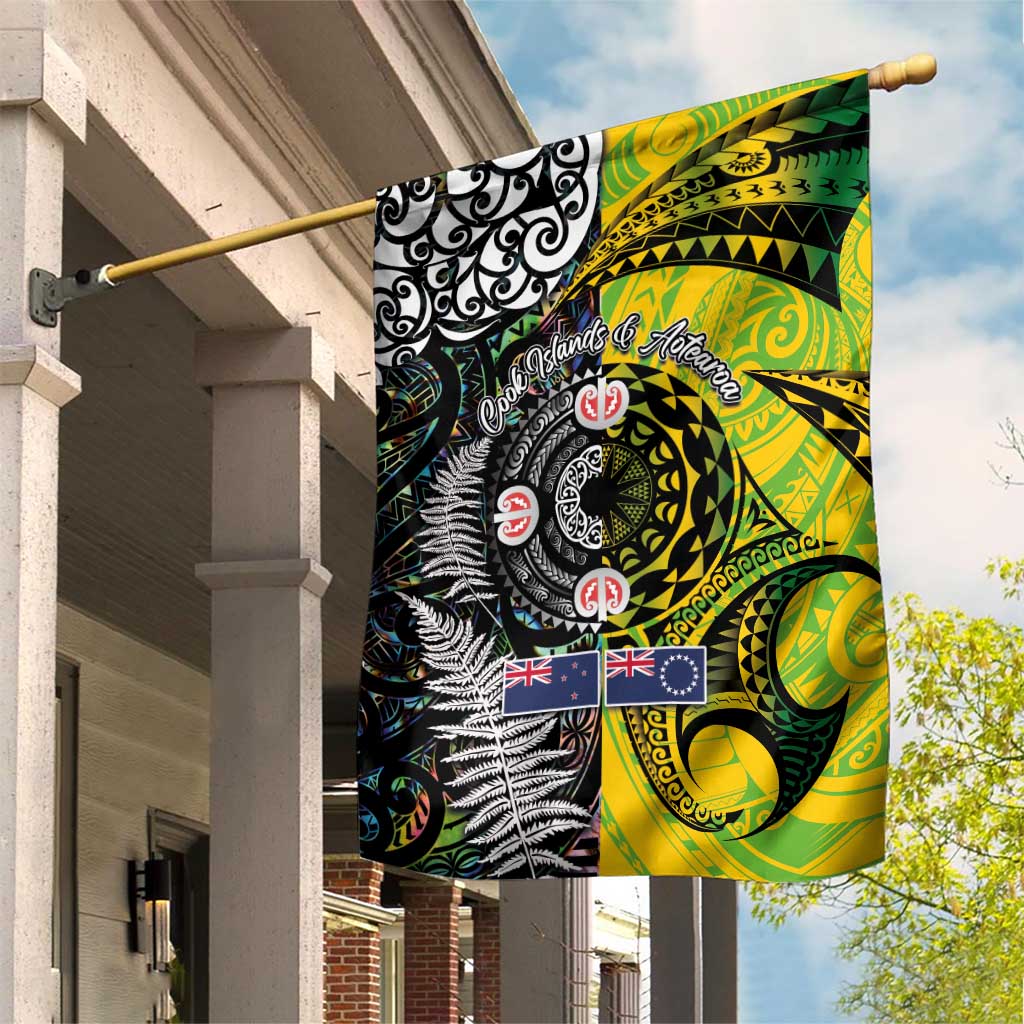 New Zealand and Cook Islands Together Garden Flag Tatau Art Tribal Pattern-Maori Tattoo with Fern and Paua Shell LT03 House Flag Art - Polynesian Pride