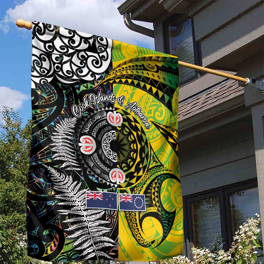 New Zealand and Cook Islands Together Garden Flag Tatau Art Tribal Pattern-Maori Tattoo with Fern and Paua Shell LT03 - Polynesian Pride