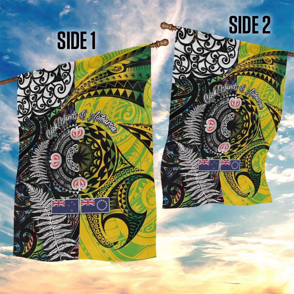 New Zealand and Cook Islands Together Garden Flag Tatau Art Tribal Pattern-Maori Tattoo with Fern and Paua Shell LT03 - Polynesian Pride