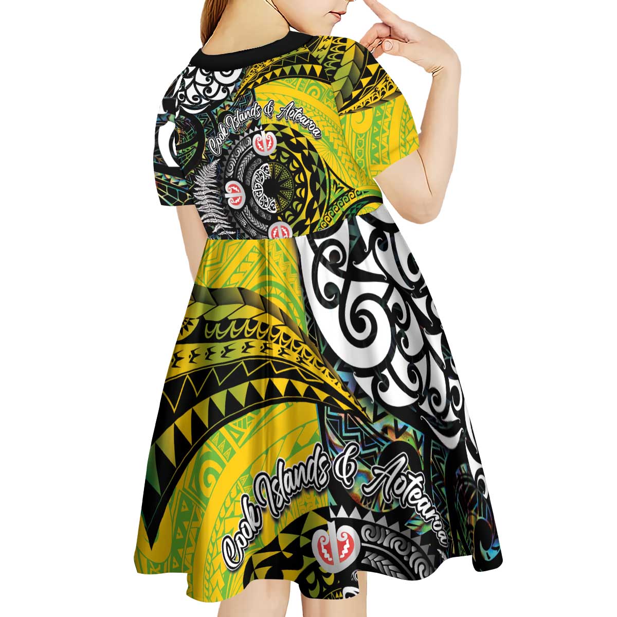 New Zealand and Cook Islands Together Kid Short Sleeve Dress Tatau Art Tribal Pattern-Maori Tattoo with Fern and Paua Shell LT03 - Polynesian Pride