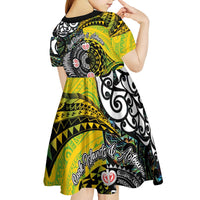 New Zealand and Cook Islands Together Kid Short Sleeve Dress Tatau Art Tribal Pattern-Maori Tattoo with Fern and Paua Shell LT03 - Polynesian Pride